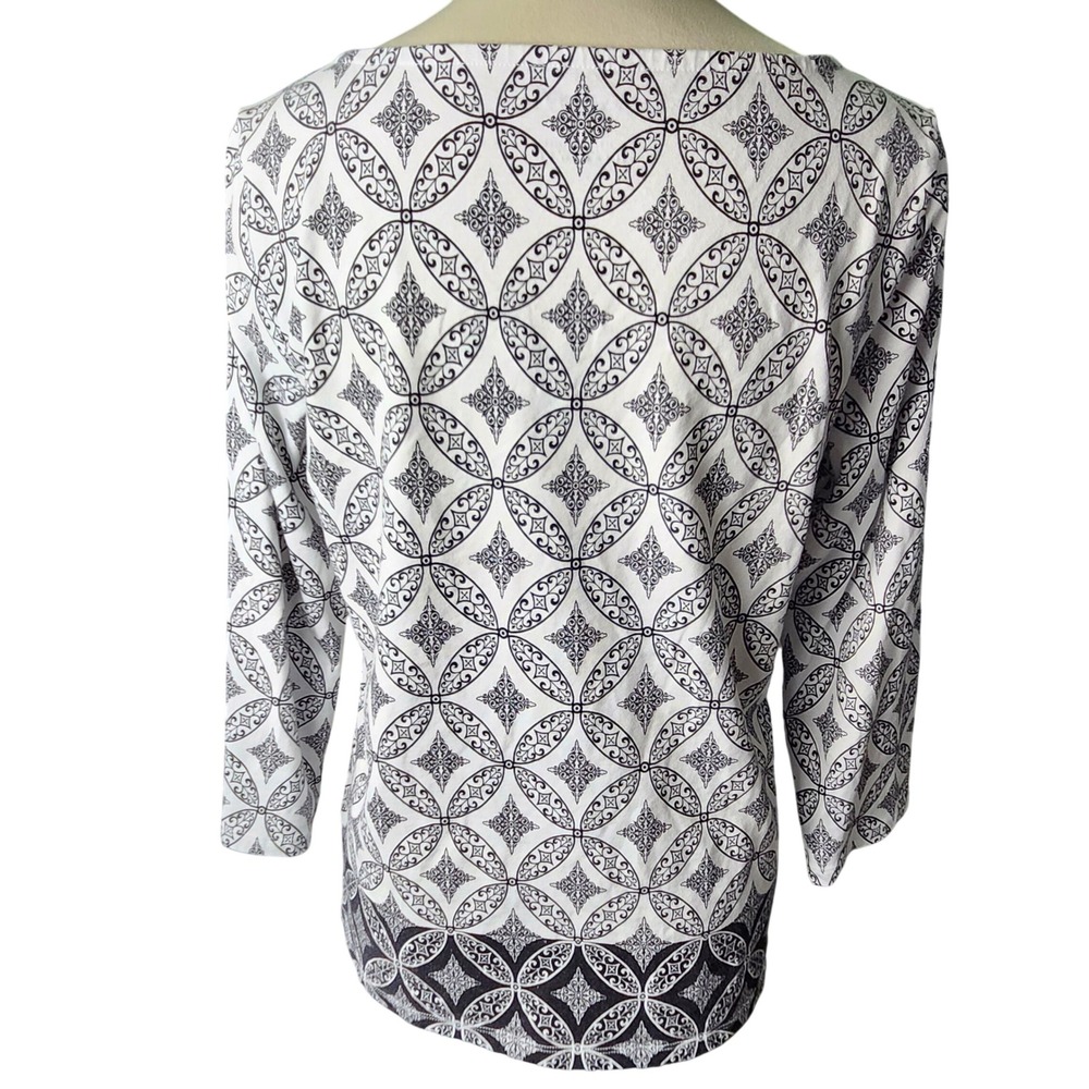 Talbots Top Women L White Black Geometric Print Boat Neck 3/4 Sleeve Stretch Boh - Picture 2 of 9